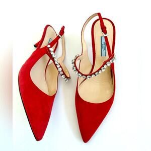 Prada Red Suede Leather Crystal embellished Mary Jane Sling back pumps EU 38.5